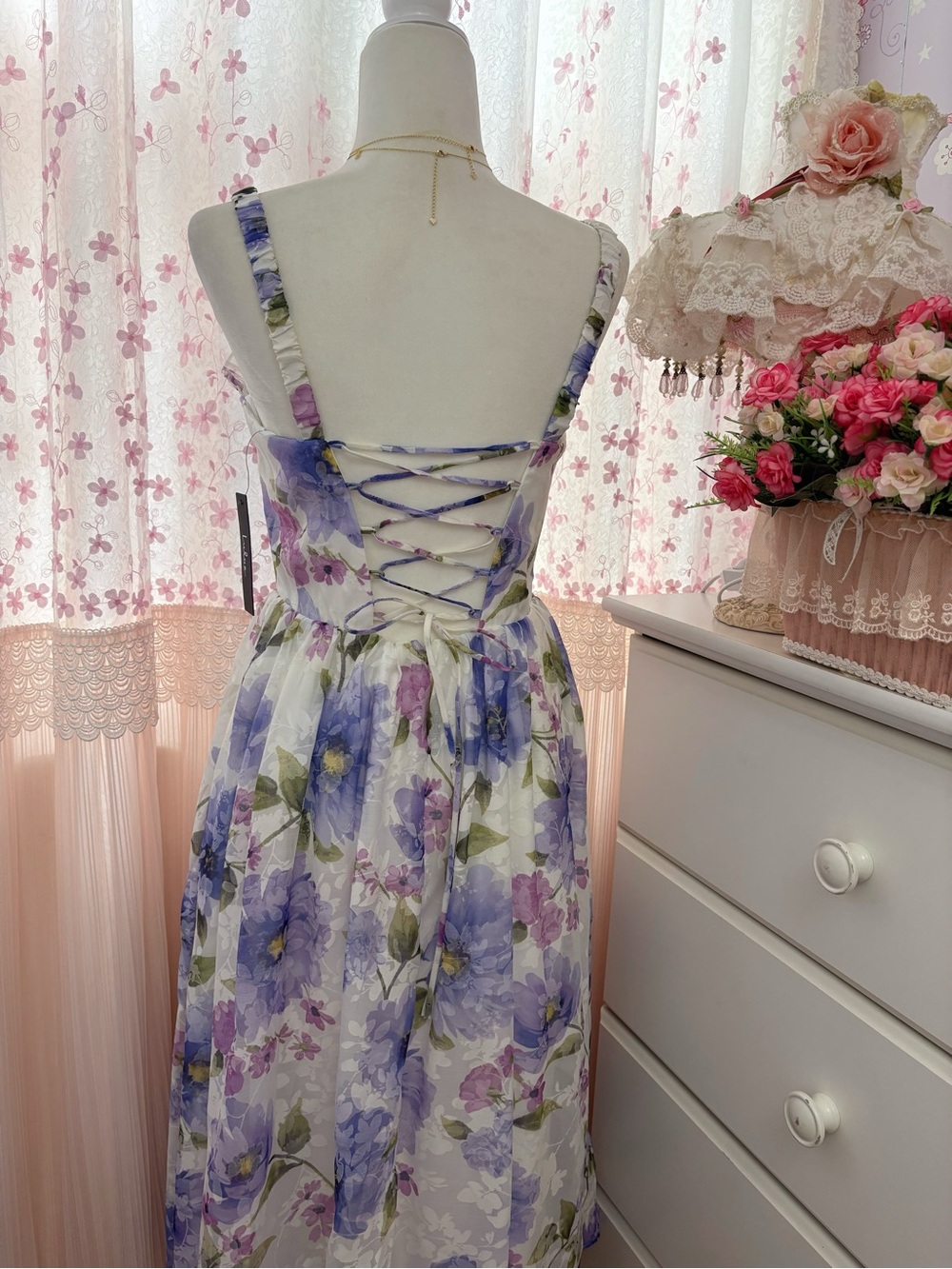 Lulus Hillela Ivory Floral Ruffled Lace-Up Midi Skater Dress - Picture 6 of 9